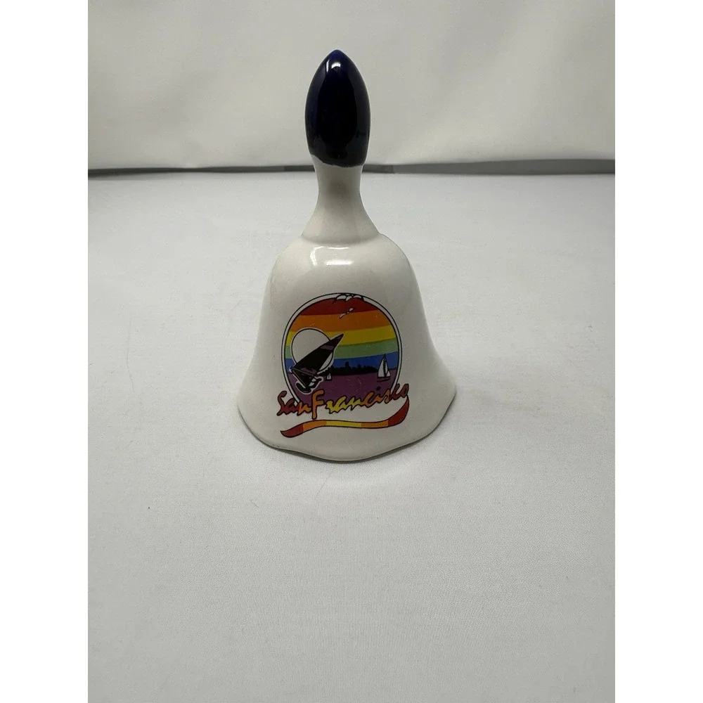 Vintage San Francisco Two Tone White Ceramic Rainbow Sailboats Bell Souvenir